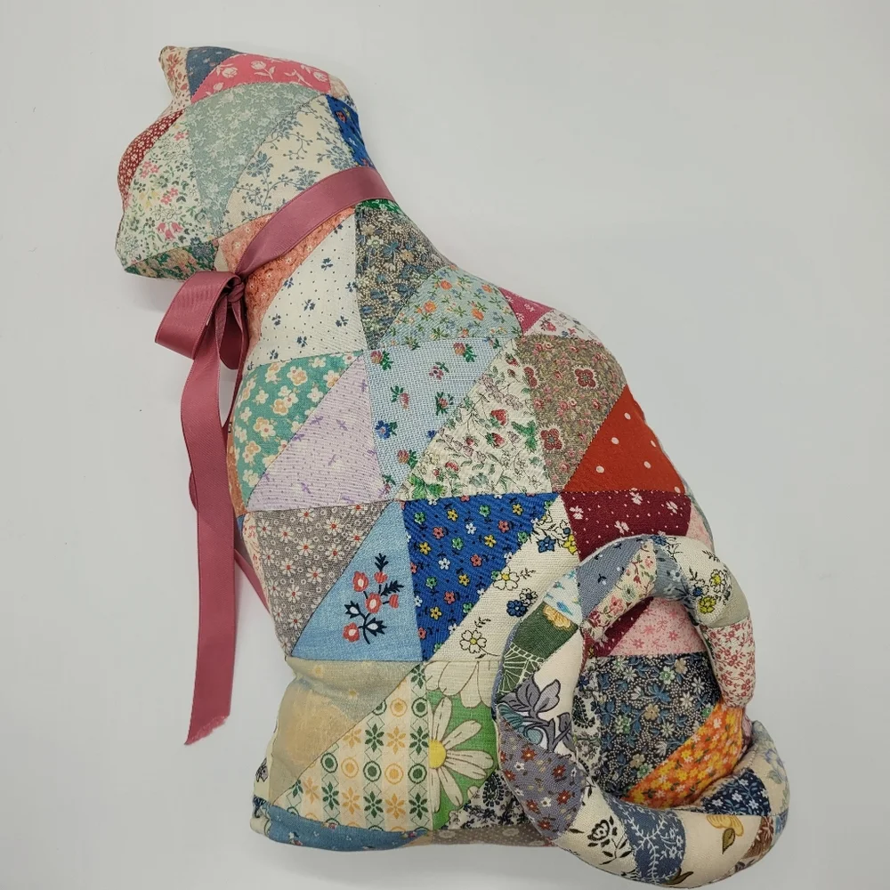 Vintage Patchwork Quilt Cat Pillow Pink Ribbon Cottage Granny Hand Crafted Decor